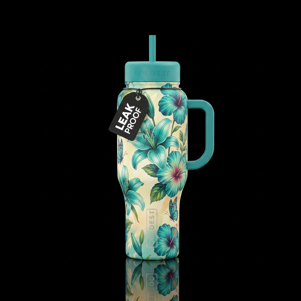 garden teal colored Lilies and Hibiscus with cream... water bottle design