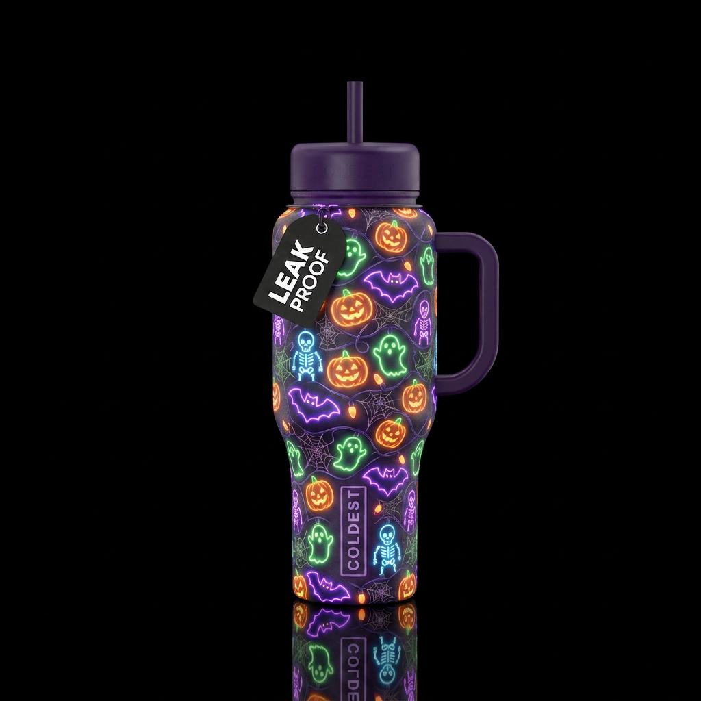 Glowie Halloween lights bats pumkins ghosts and sk... water bottle design