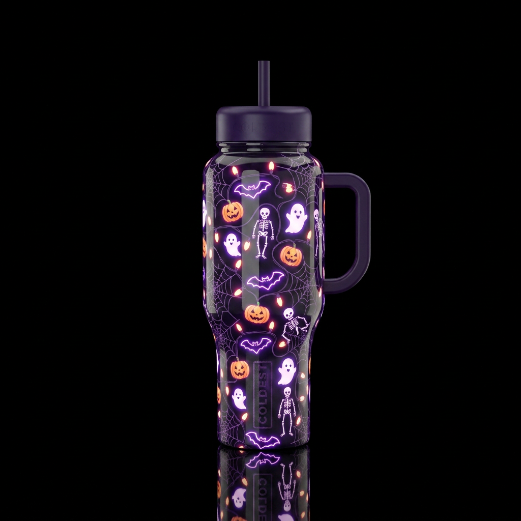 Glowie Halloween lights bats pumkins ghosts and sk... water bottle design