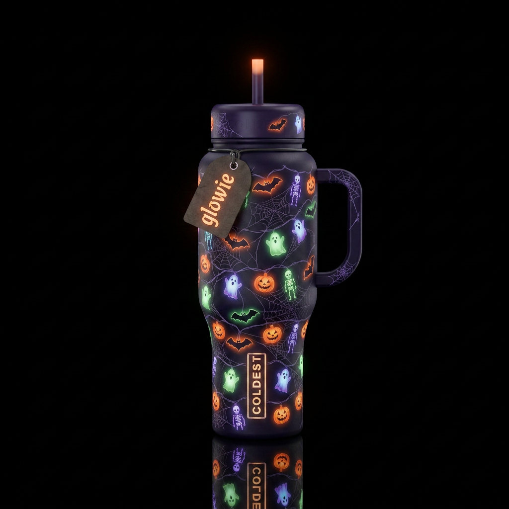 Glowie Halloween lights bats pumkins ghosts and sk... water bottle design