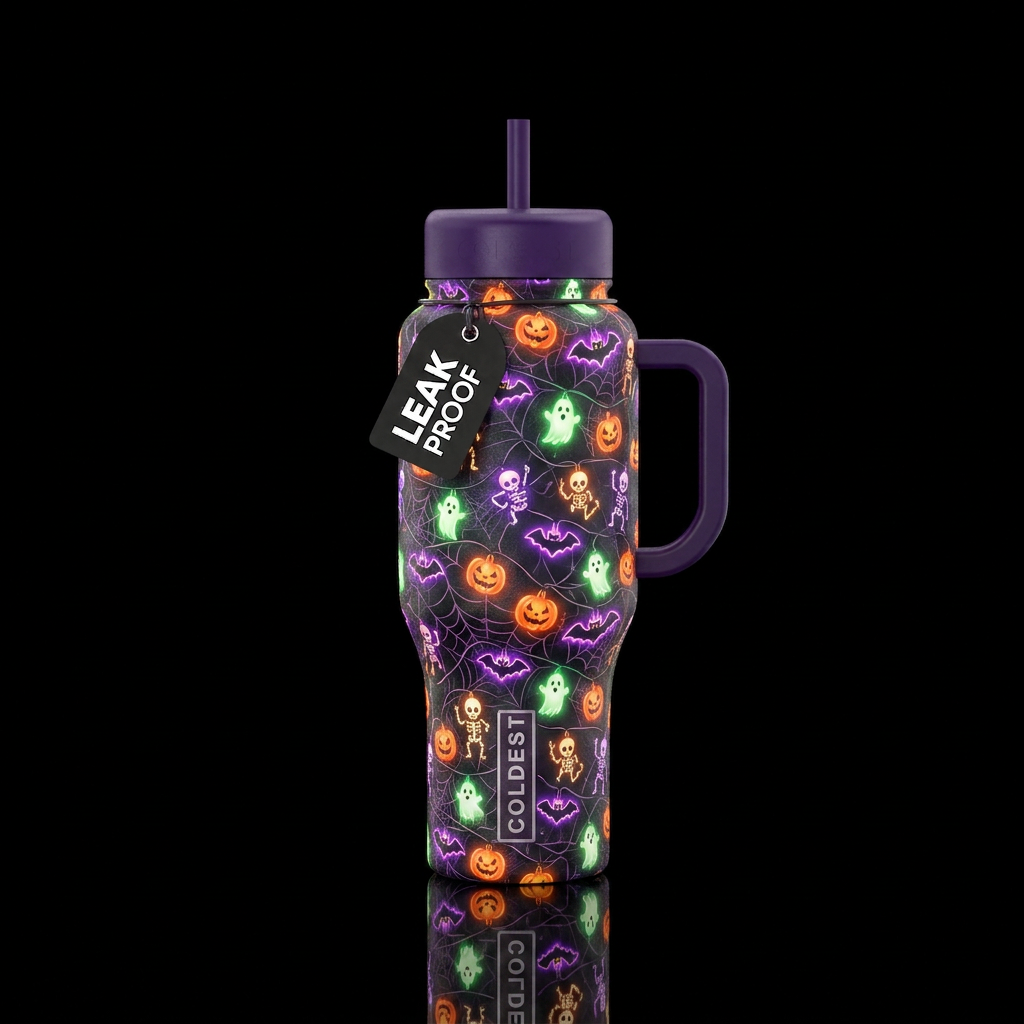 Glowie Halloween lights bats pumkins ghosts and sk... water bottle design