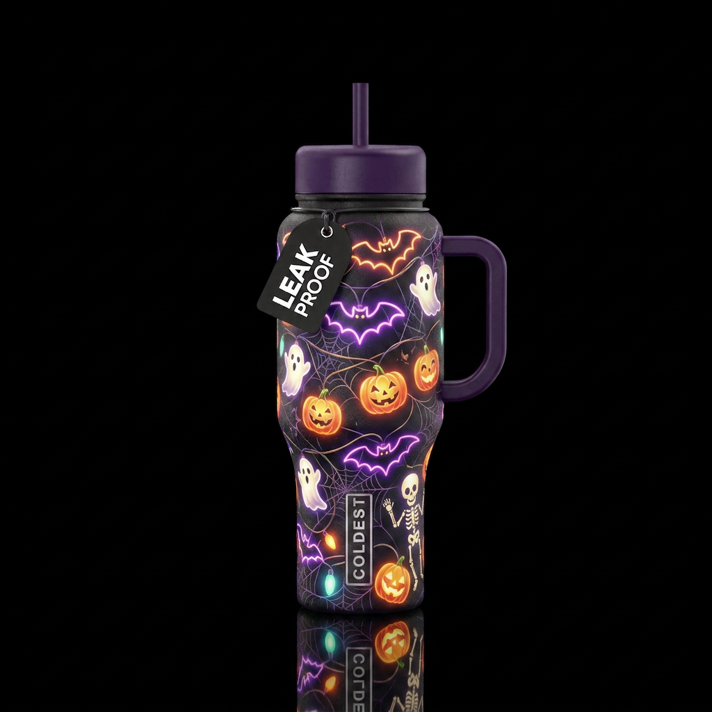Glowie Halloween lights bats pumkins ghosts and sk... water bottle design