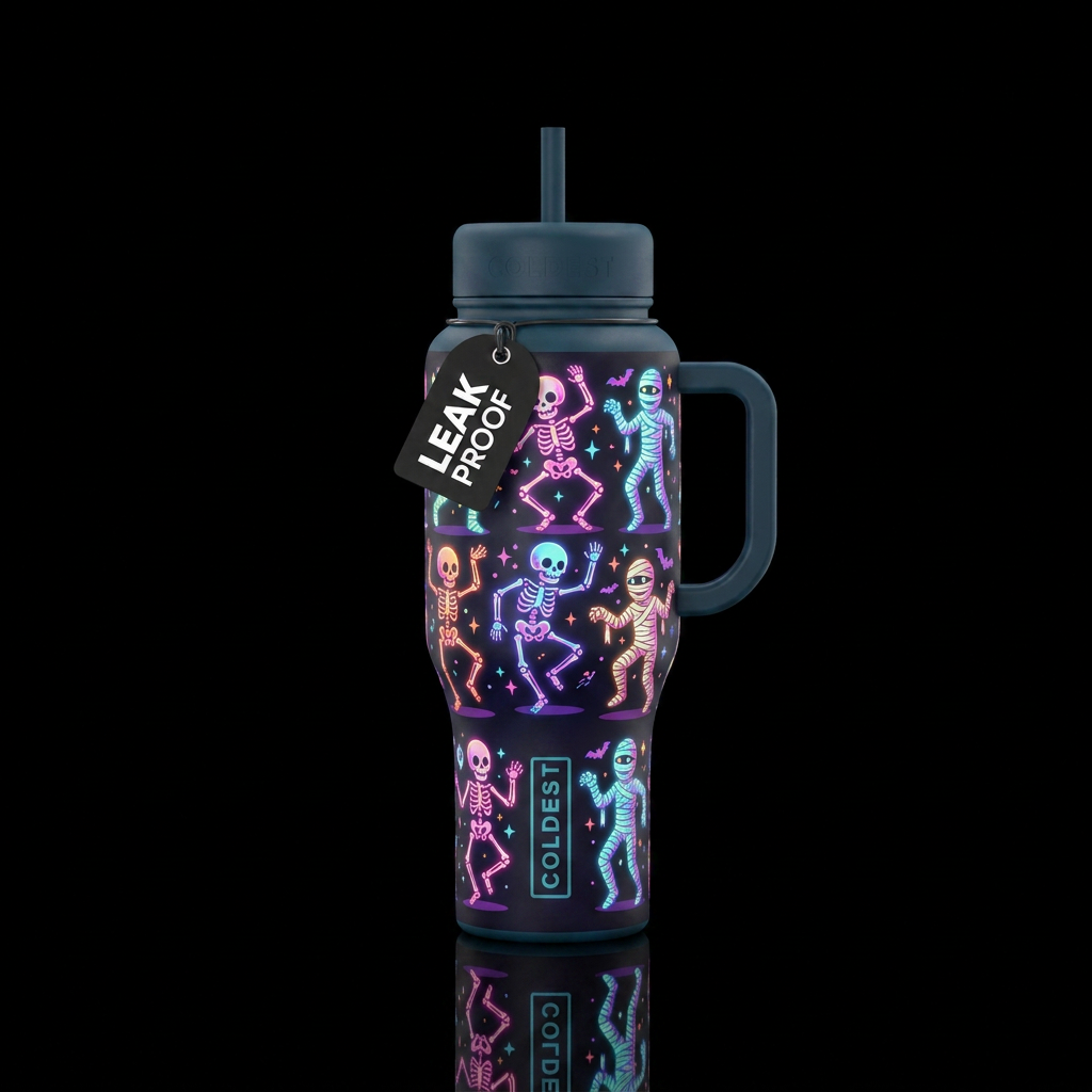 Glowie neon cartoon dancing skeletons and mummies,... water bottle design