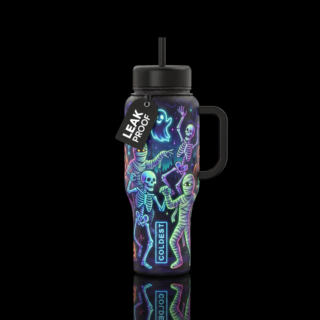 Glowie neon cartoon dancing skeletons and mummies,... water bottle design