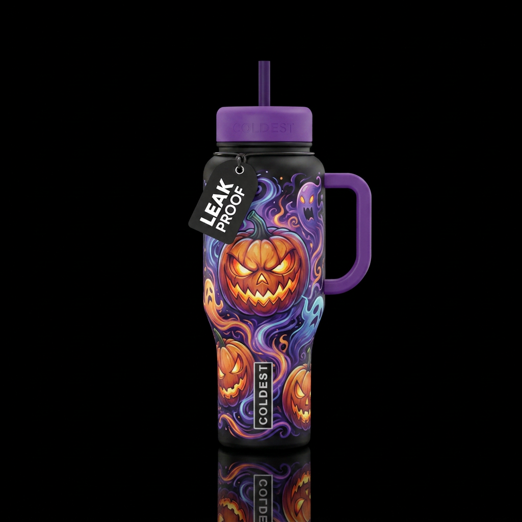 Evil pumpkins and spirits cartoon realism, scary, ... water bottle design