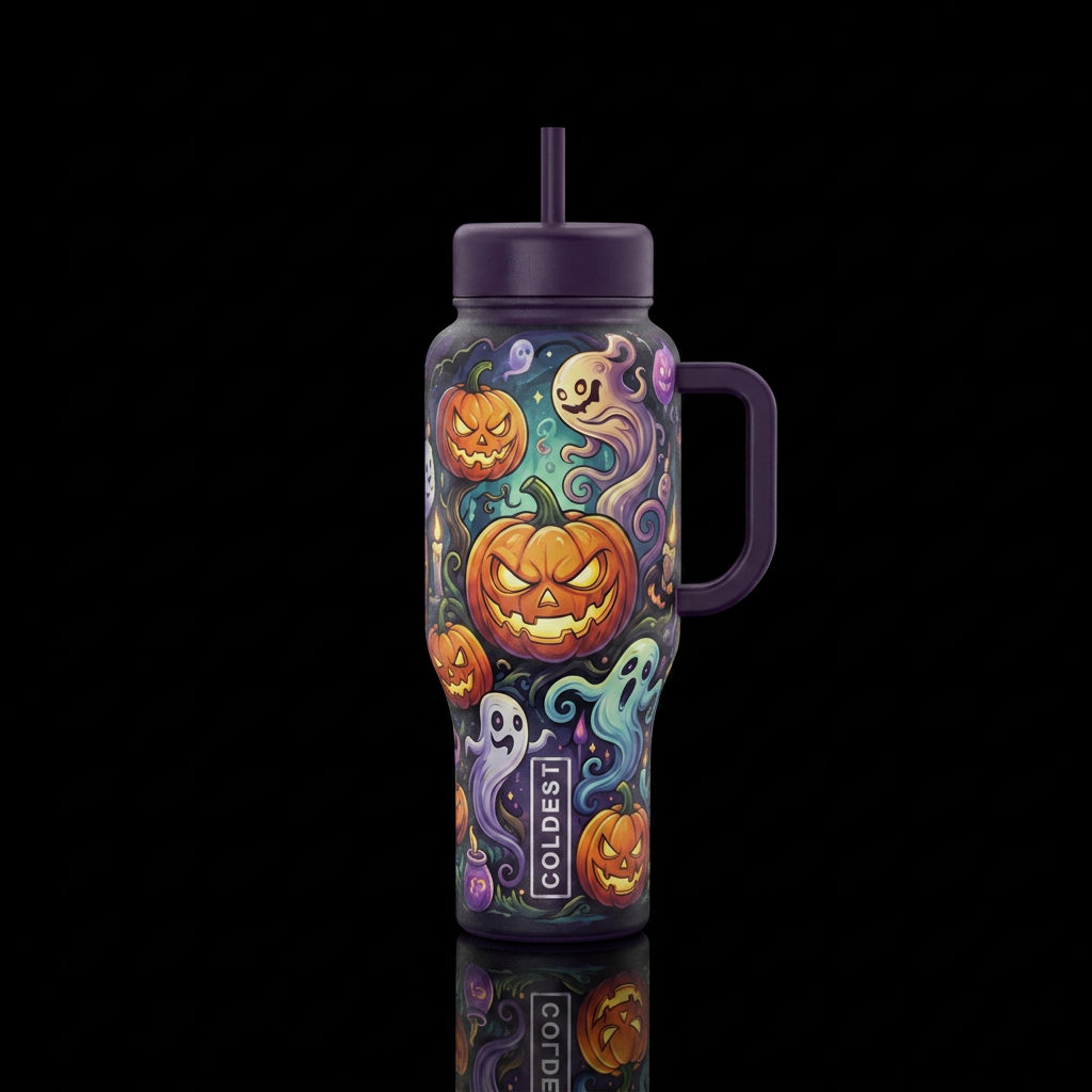 Evil pumpkins and spirits cartoon realism, scary, ... water bottle design