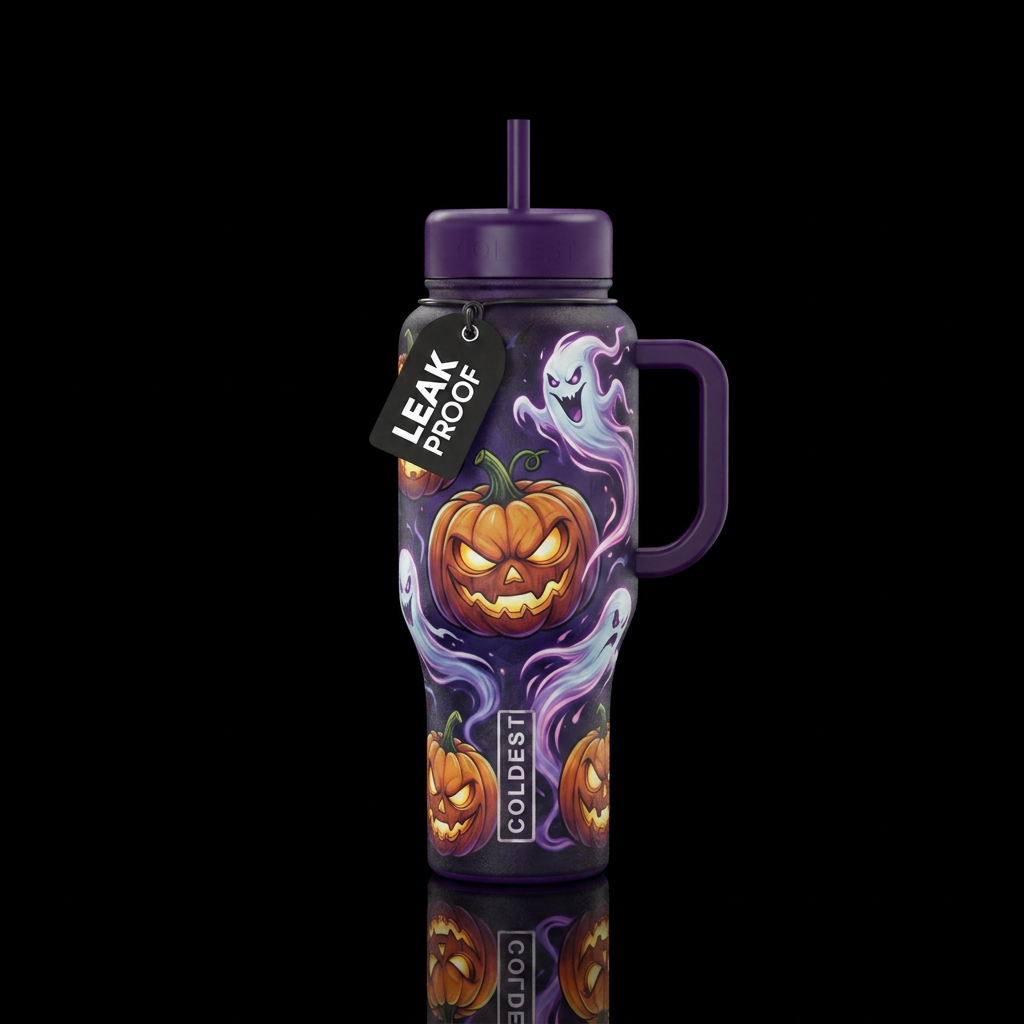 Evil pumpkins and spirits cartoon realism, scary, ... water bottle design