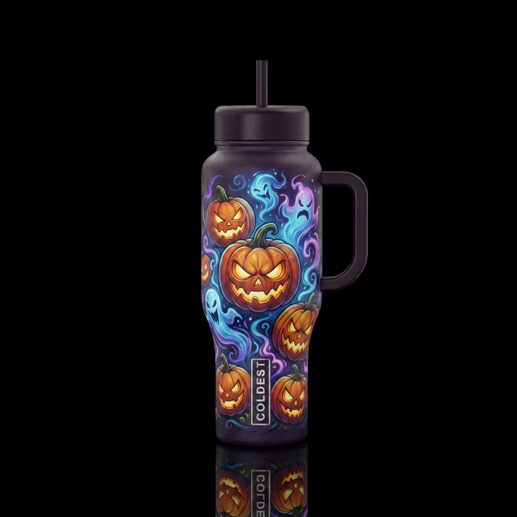 Evil pumpkins and spirits cartoon realism, scary, ... water bottle design