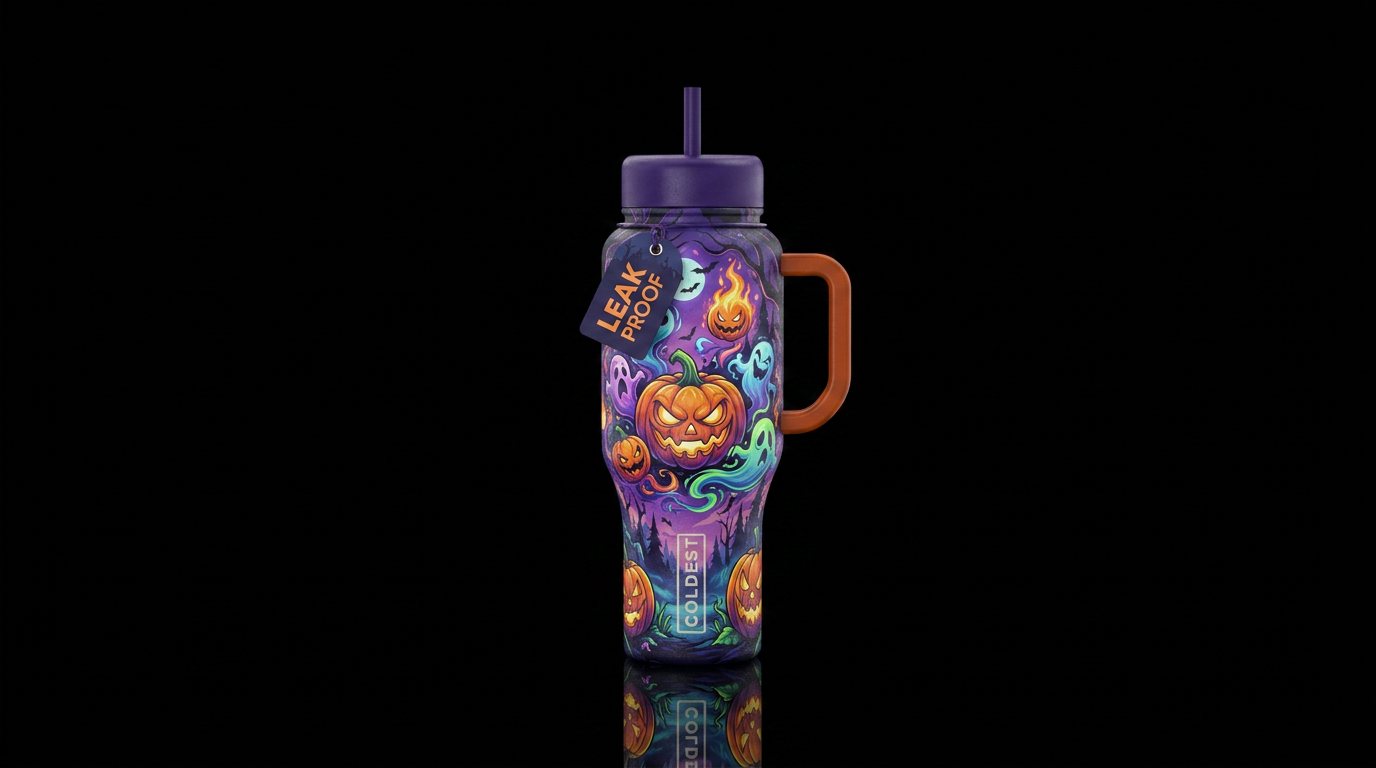 Evil pumpkins and spirits cartoon realism, scary, ... water bottle design