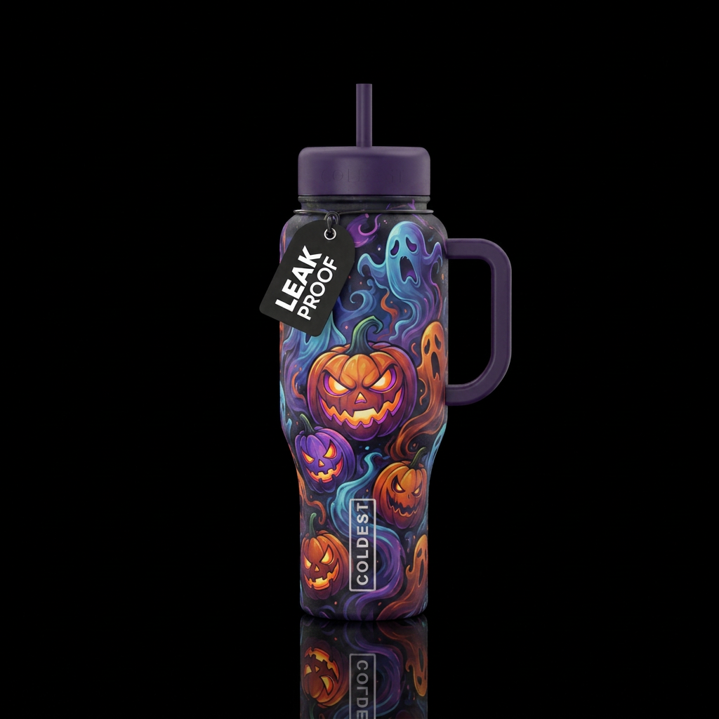 Evil pumpkins and spirits cartoon realism, scary, ... water bottle design