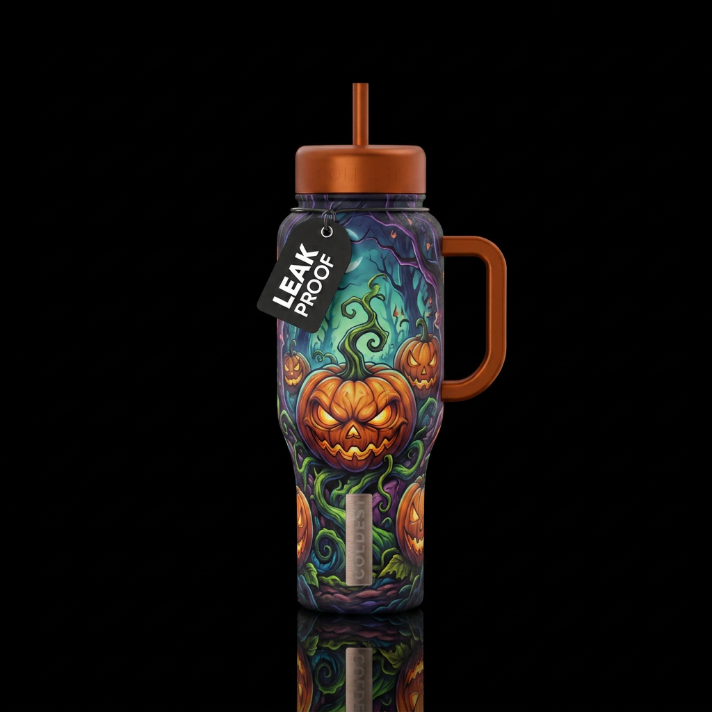 Evil pumpkins cartoon realism, scary, vibrant, mag... water bottle design