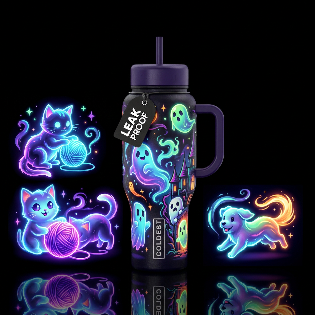 Glowie ghost kittens and ghost puppies cartoon inb... water bottle design