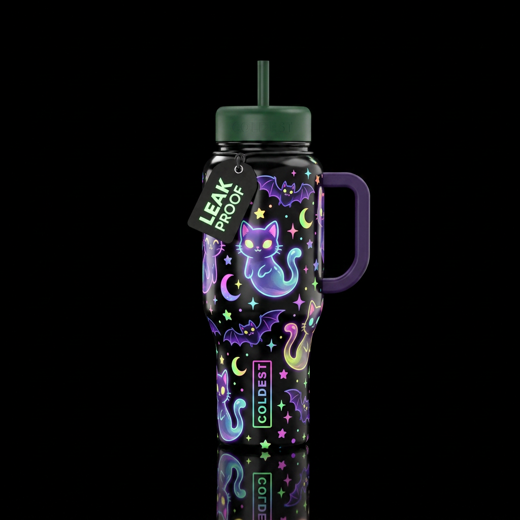 Glowie ghostly kittens bats and stars cartoon styl... water bottle design