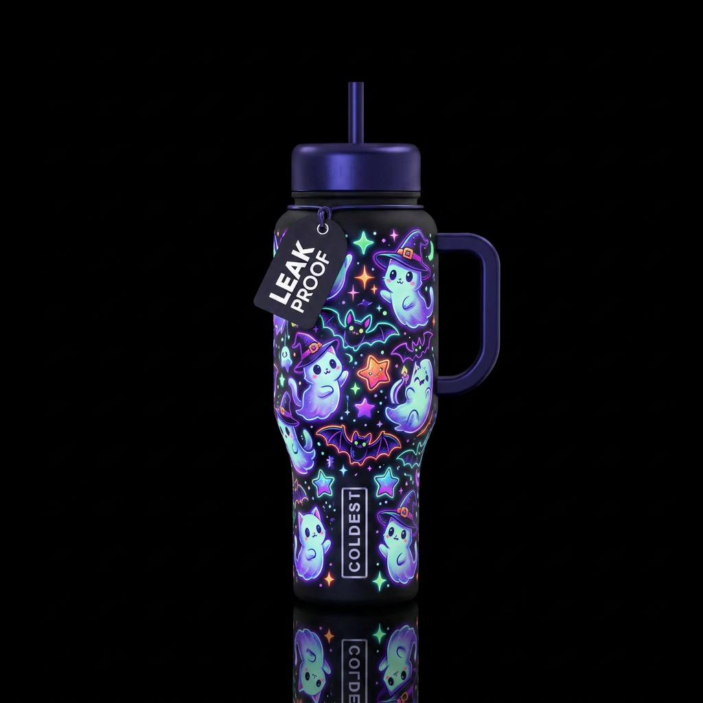 Glowie ghostly kittens bats and stars cartoon styl... water bottle design