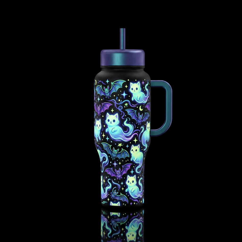 Glowie ghostly kittens bats and stars cartoon styl... water bottle design