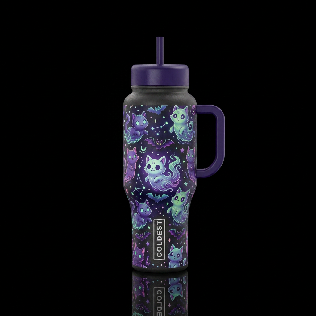 Glowie ghostly kittens bats and stars cartoon styl... water bottle design