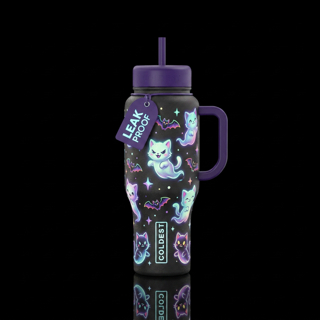 Glowie ghostly kittens bats and stars cartoon styl... water bottle design