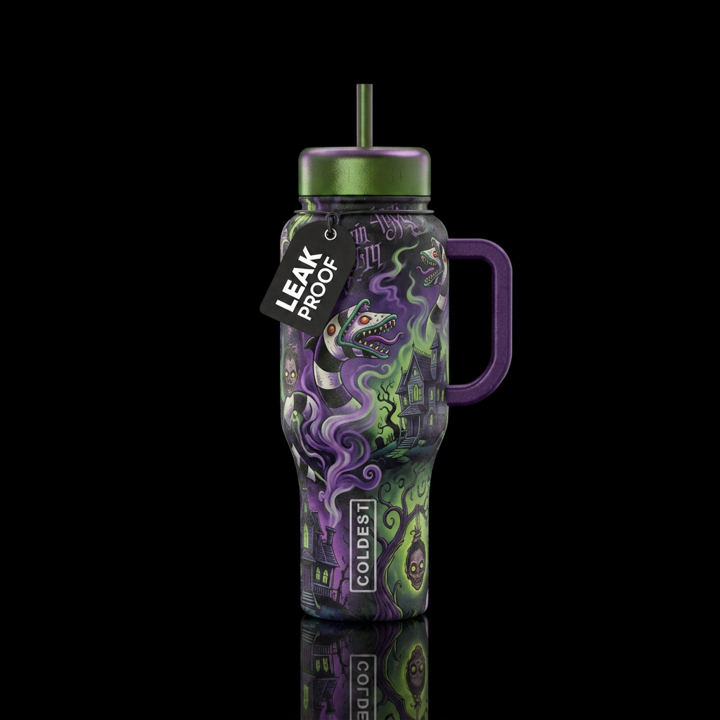 Beetlejuice inspired haunted dark ominous, scary, ... water bottle design