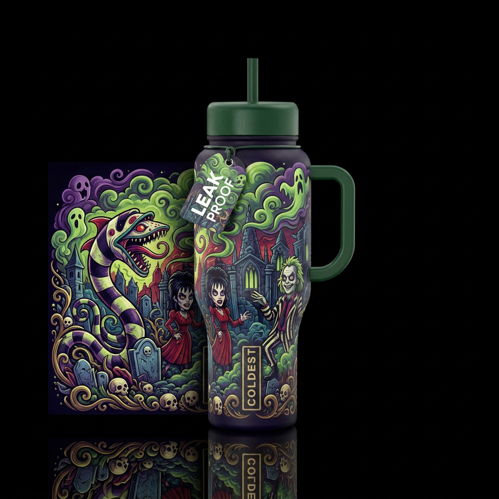 Beetlejuice inspired haunted dark ominous, scary, ... water bottle design
