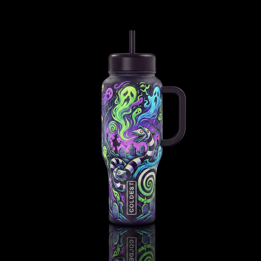 Beetlejuice inspired haunted dark ominous, scary, ... water bottle design