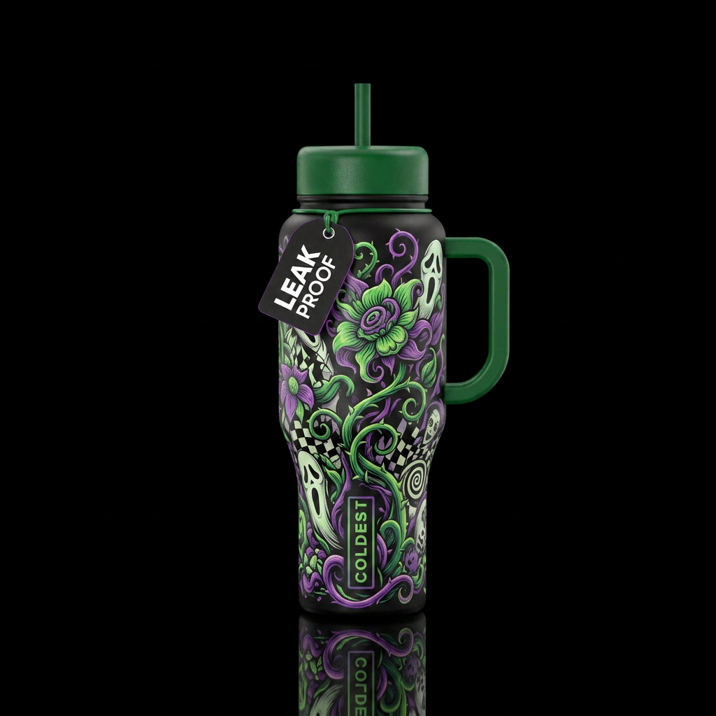 Beetlejuice inspired haunted dark ominous, scary, ... water bottle design