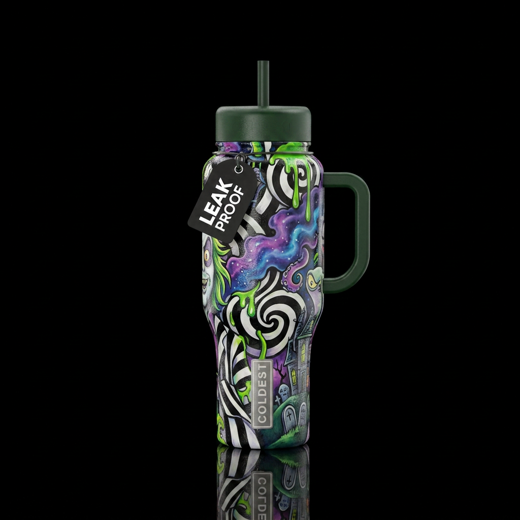 Beetlejuice inspired haunted dark ominous, scary, ... water bottle design