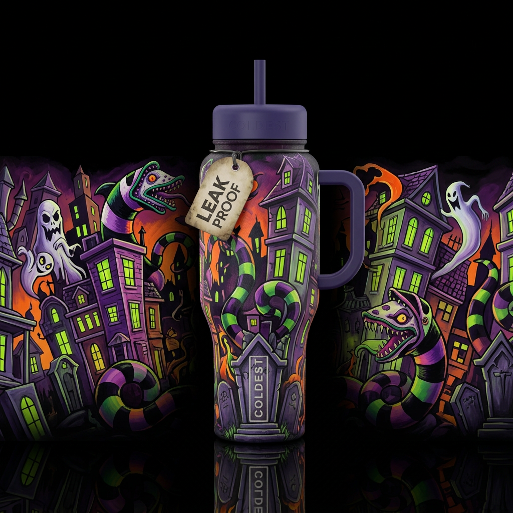 Beetlejuice inspired haunted dark ominous, scary, ... water bottle design