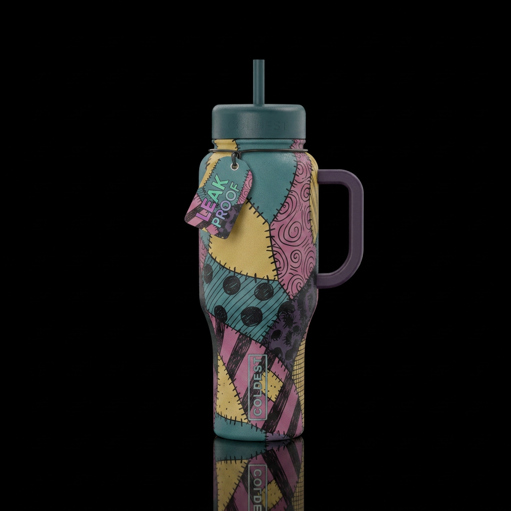 Sally's dress inbued patcheork stitched together, ... water bottle design