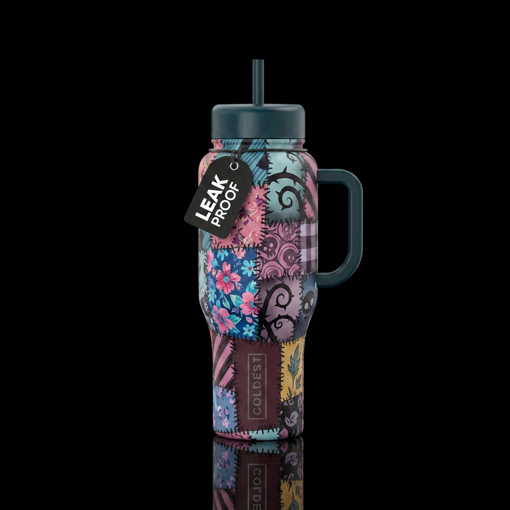 Sally's dress inbued patcheork stitched together, ... water bottle design