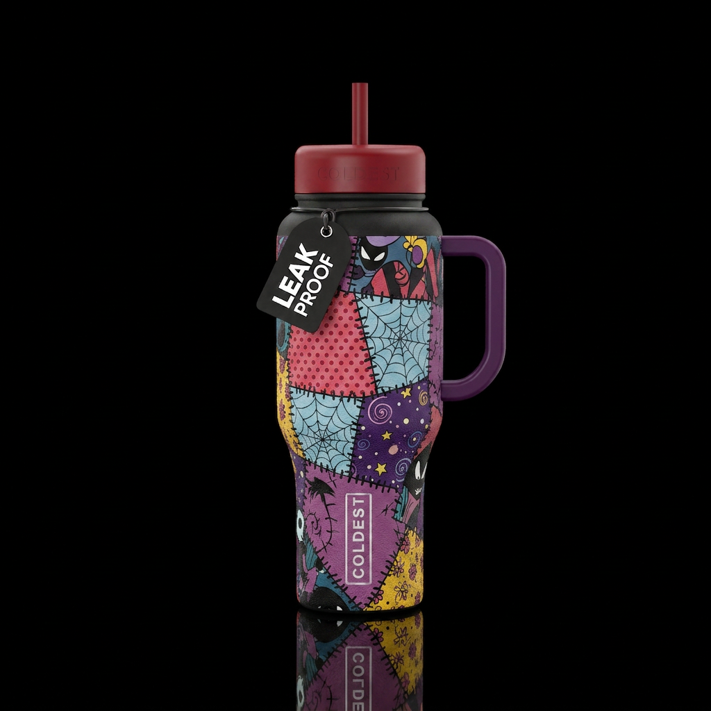 Sally's dress inbued patcheork stitched together, ... water bottle design