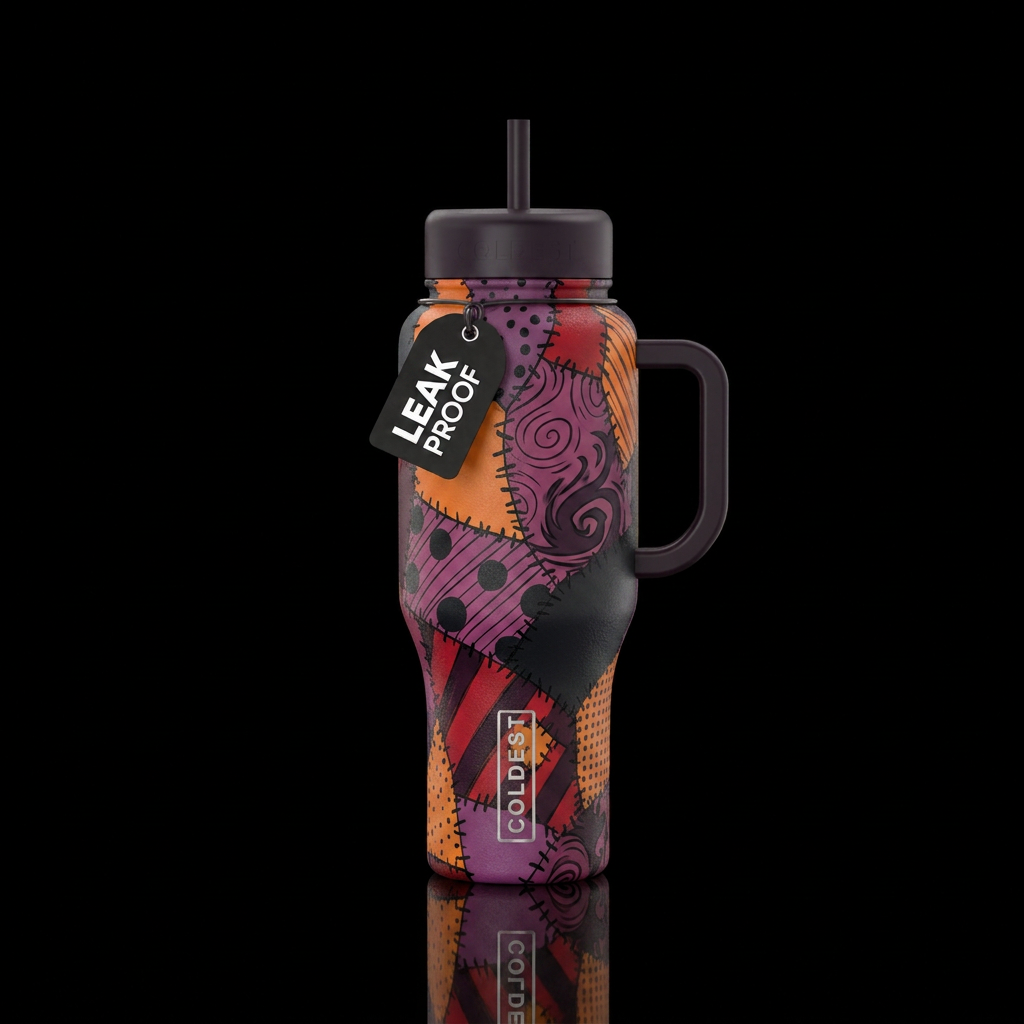 Sally's dress inbued patcheork stitched together, ... water bottle design
