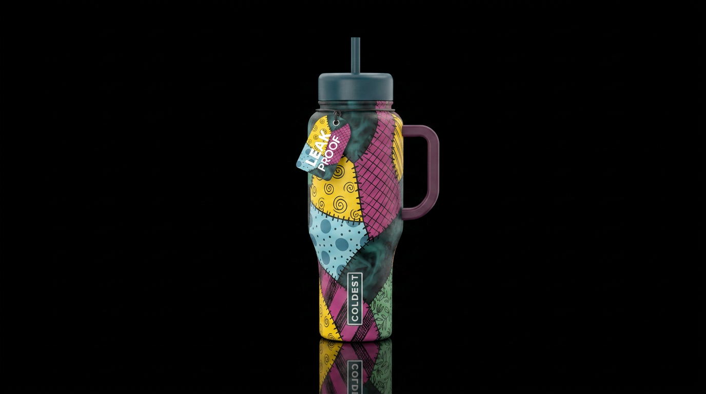 Sally's dress inbued patcheork stitched together, ... water bottle design