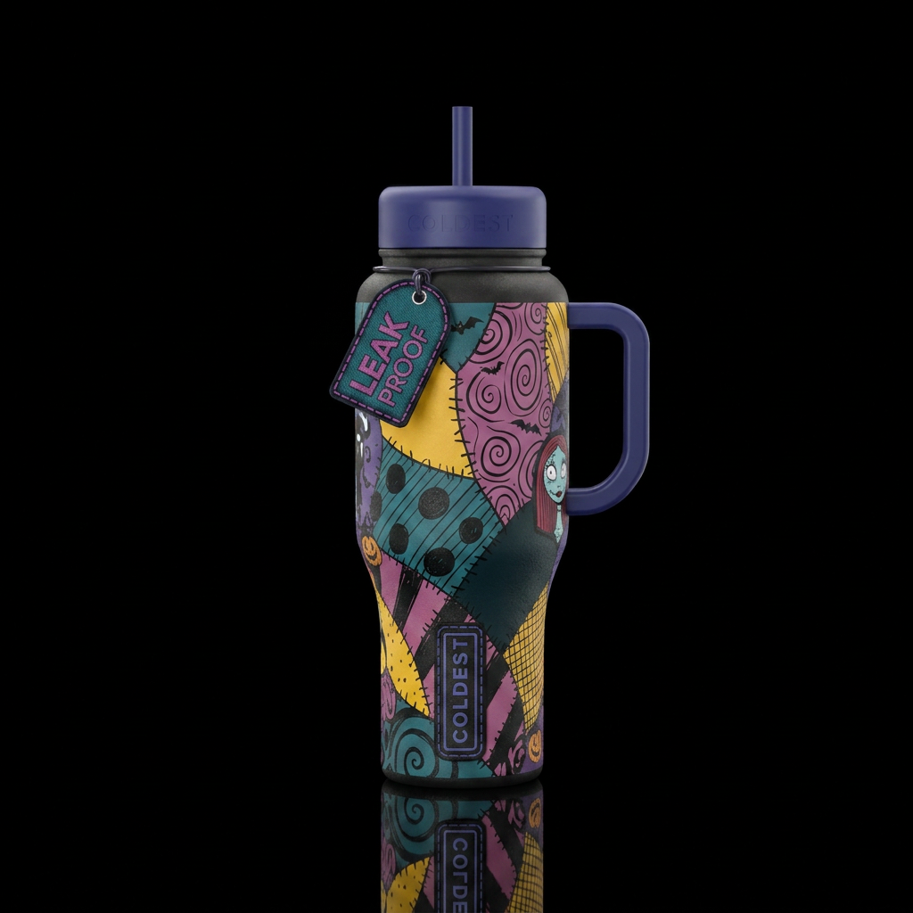 Sally's dress inbued patcheork stitched together, ... water bottle design