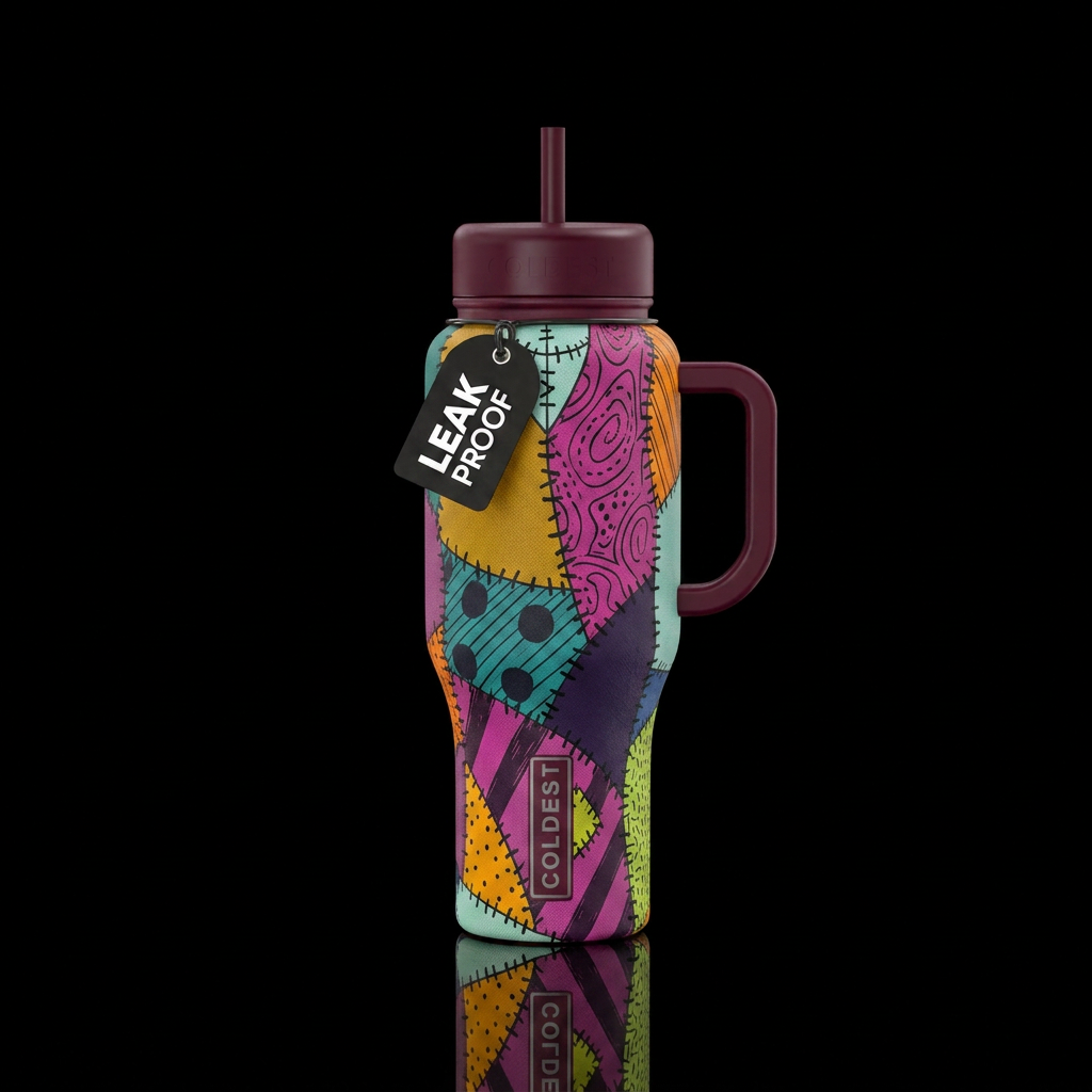 Sally's dress inbued patcheork stitched together, ... water bottle design