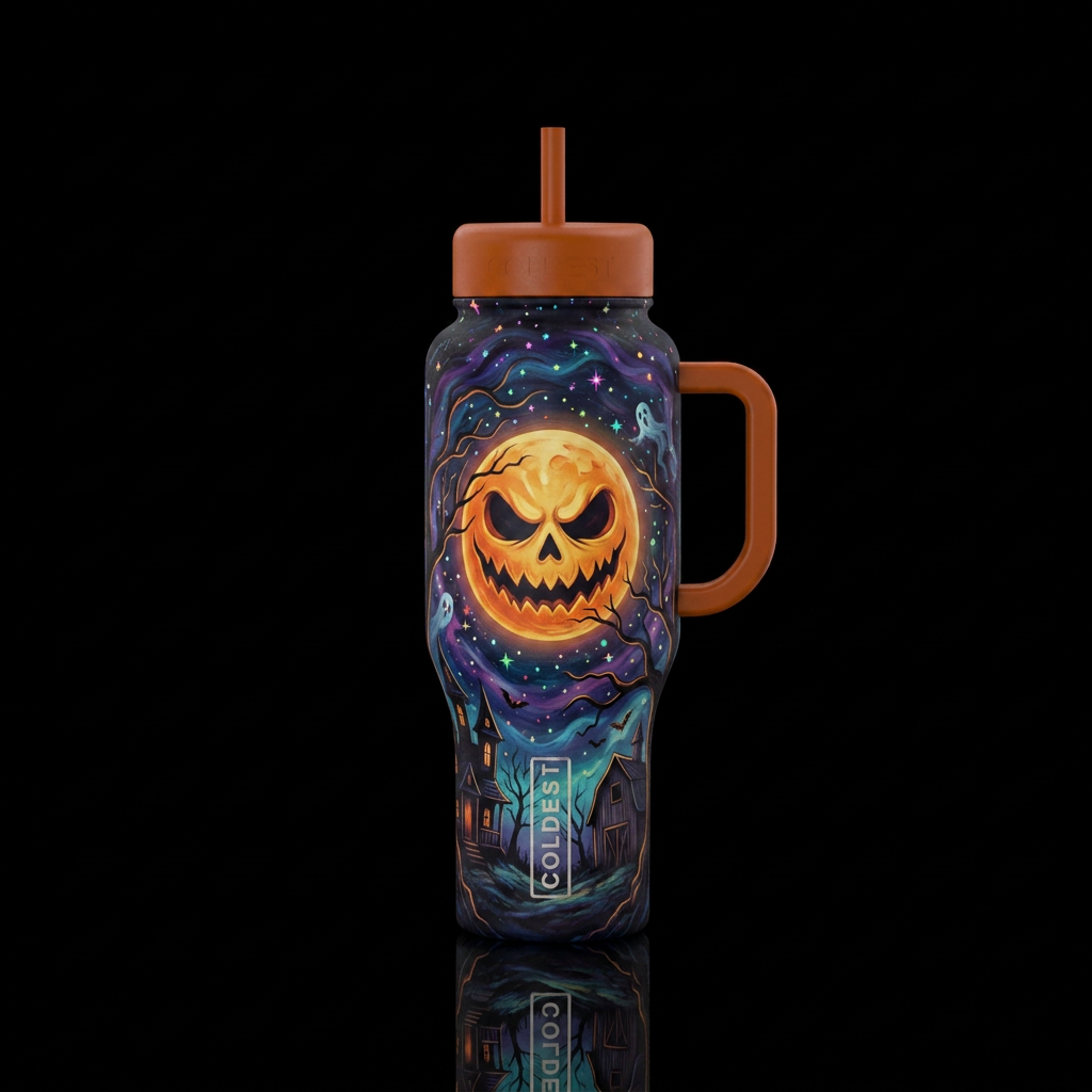 haunted harvest moon starry night, vibrant, modern... water bottle design
