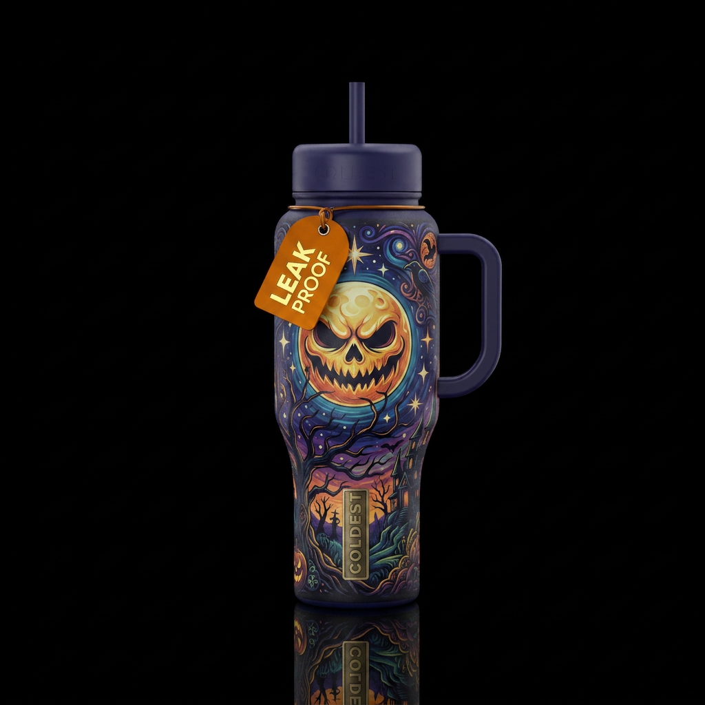 haunted harvest moon starry night, vibrant, modern... water bottle design