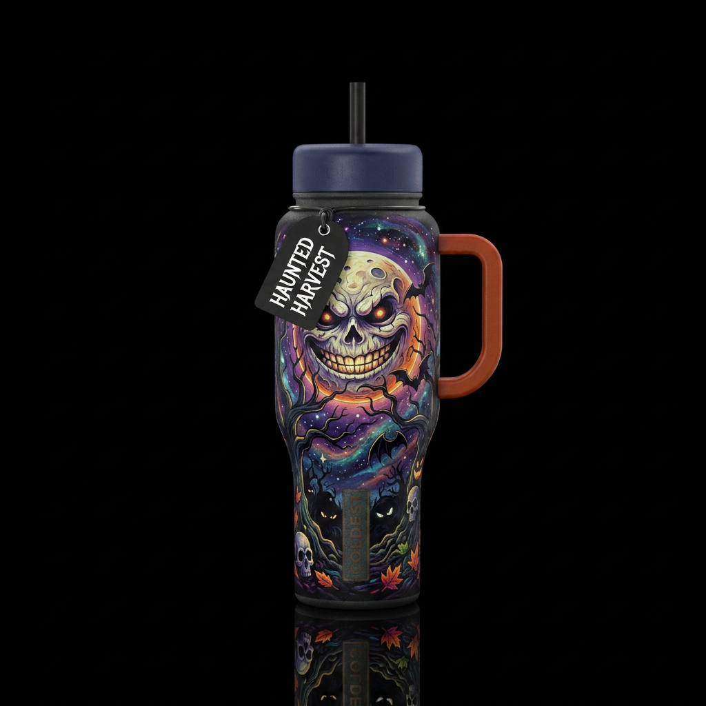 haunted harvest moon starry night, vibrant, modern... water bottle design