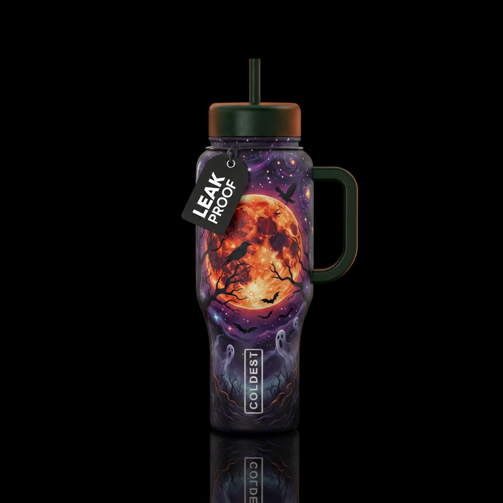 haunted harvest moon starry night, vibrant, modern... water bottle design