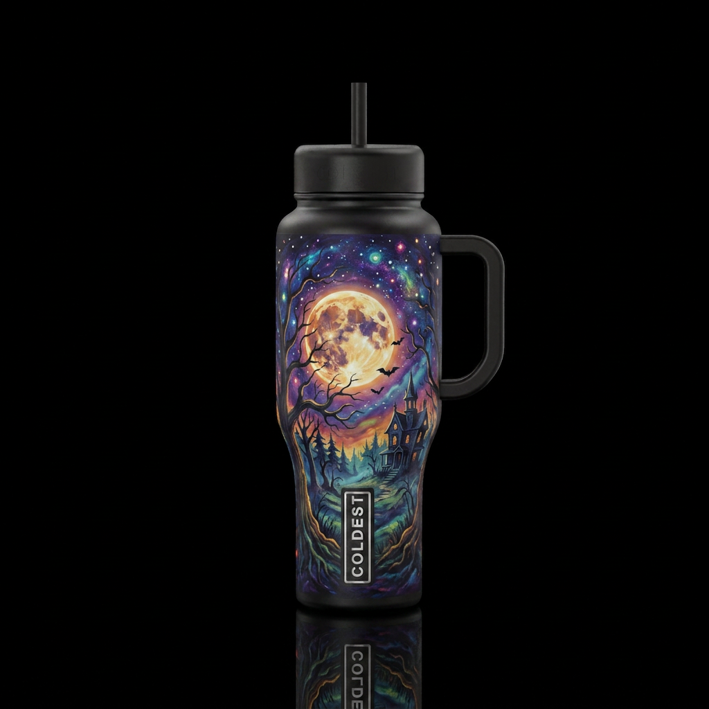 haunted harvest moon starry night, vibrant, modern... water bottle design