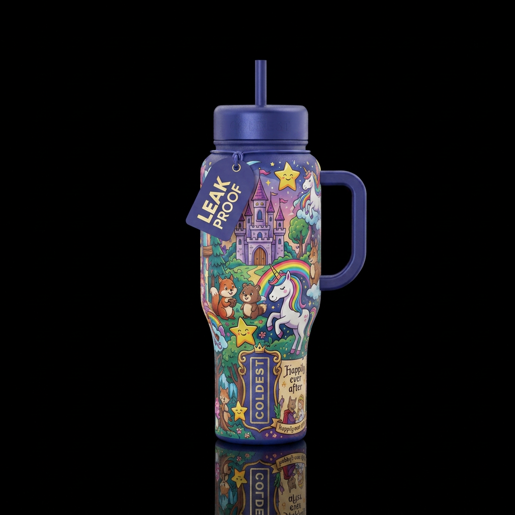 Once upon a fairytale, vibrant, beautiul, magical,... water bottle design