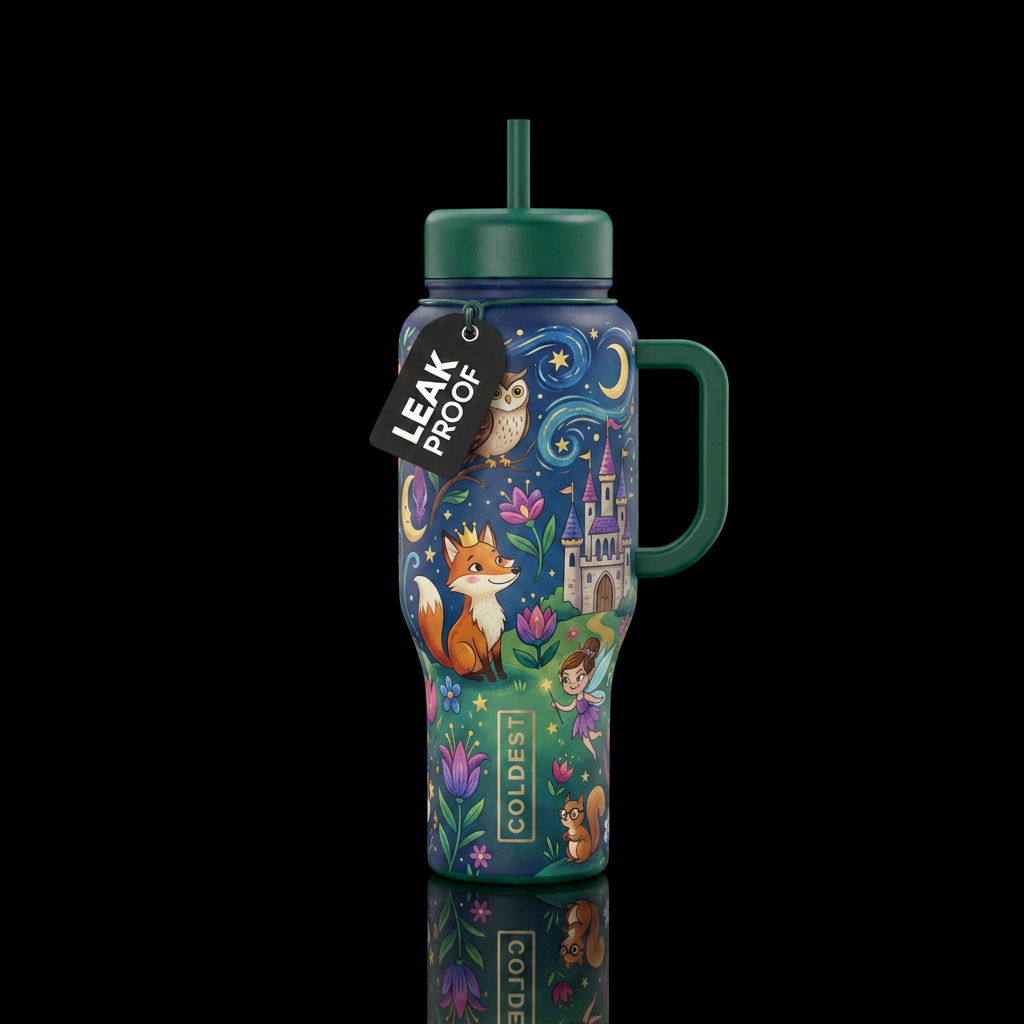 Once upon a fairytale, vibrant, beautiul, magical,... water bottle design