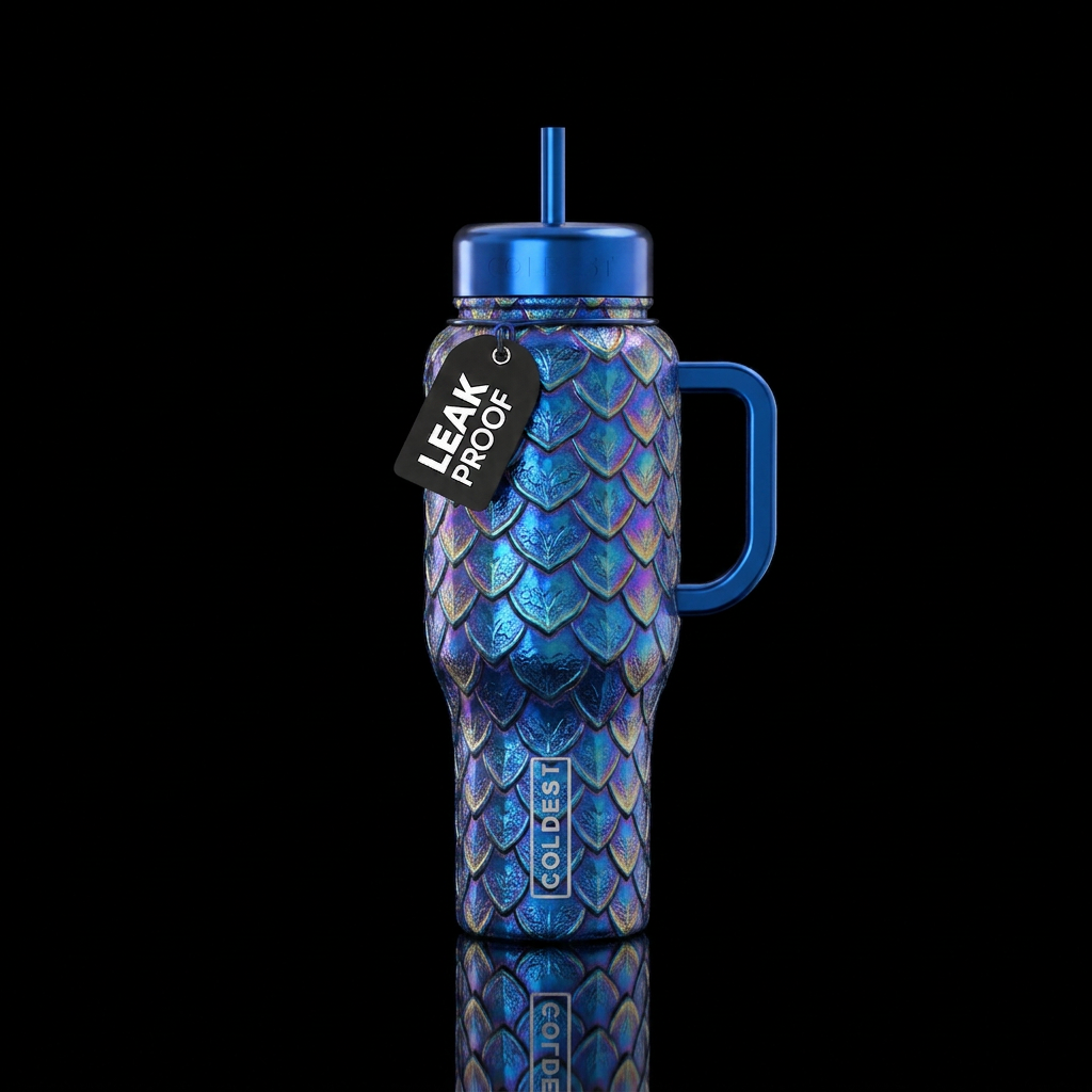 Shiny metallic colbolt blue Dragon scales etched i... water bottle design