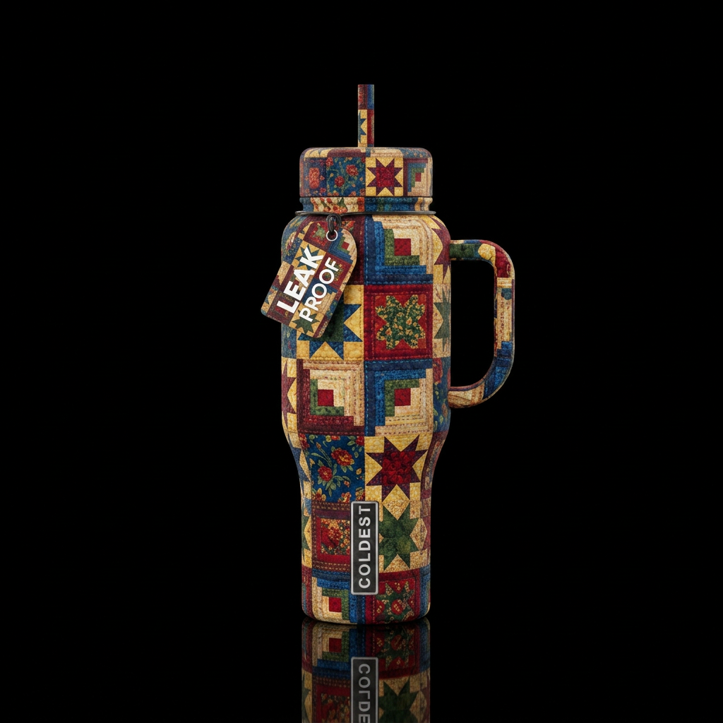 Country quilt inbued, vibrant, beautiul, realism, ... water bottle design