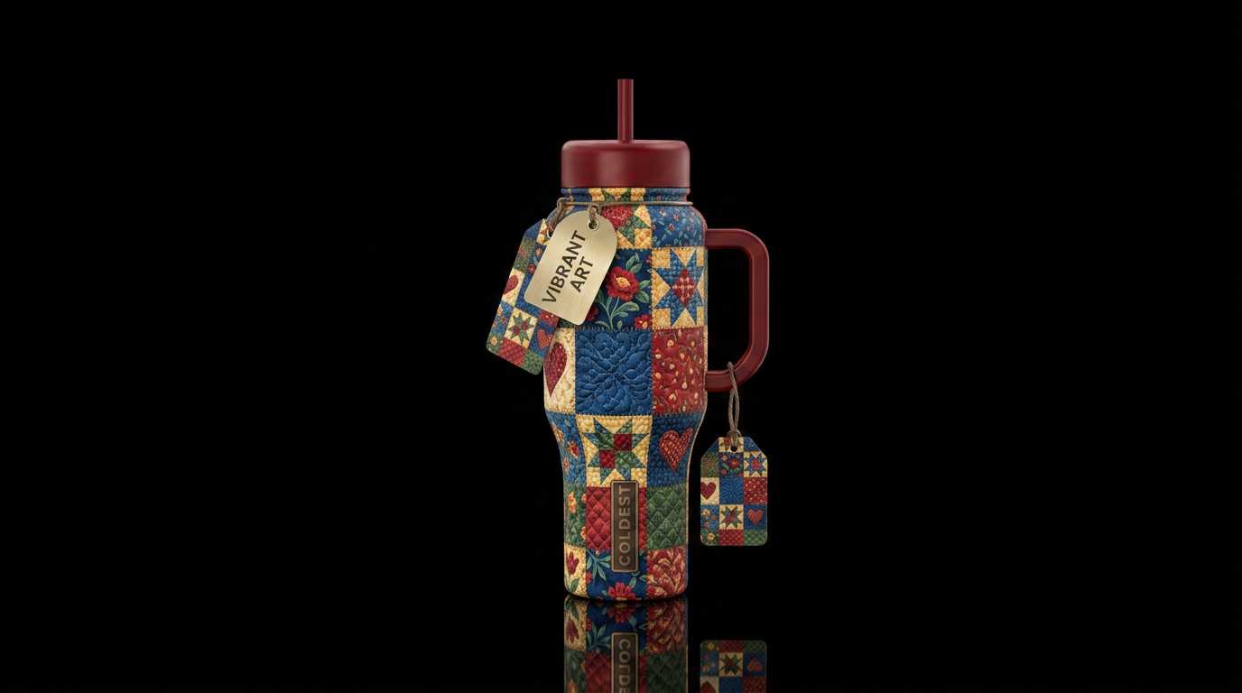 Country quilt inbued, vibrant, beautiul, realism, ... water bottle design