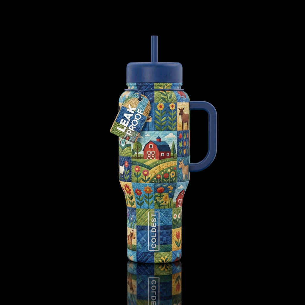 Country quilt inbued, vibrant, beautiul, realism, ... water bottle design