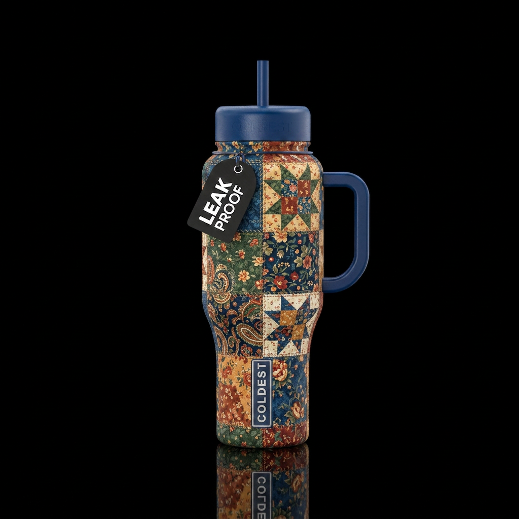 Country quilt inbued, vibrant, beautiul, realism, ... water bottle design