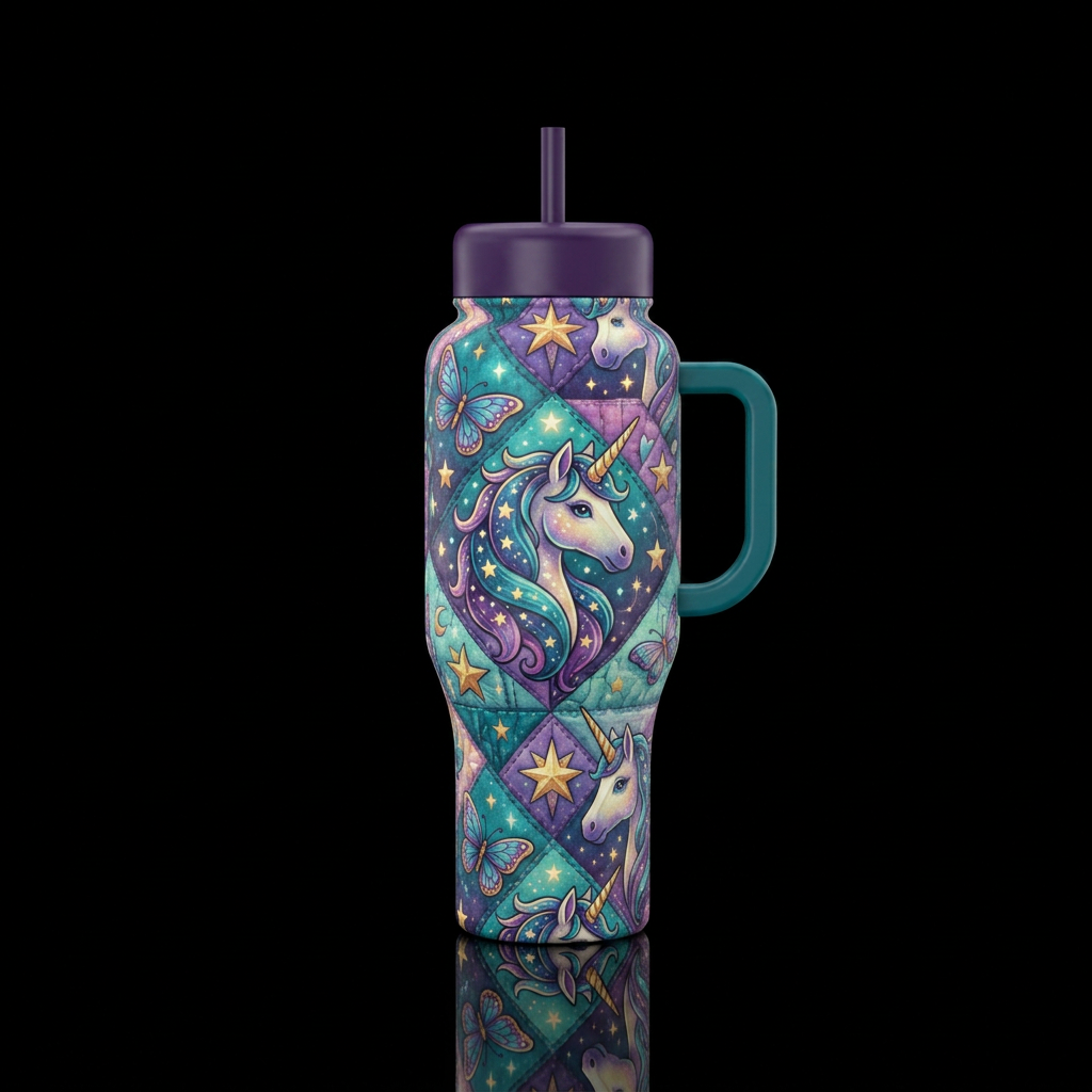 Country style unicorns butterflies and stars quilt... water bottle design