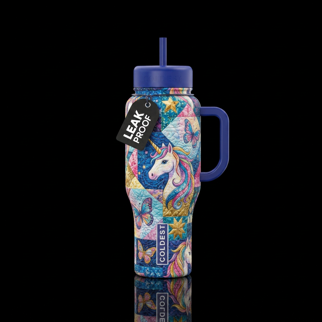 Country style unicorns butterflies and stars quilt... water bottle design