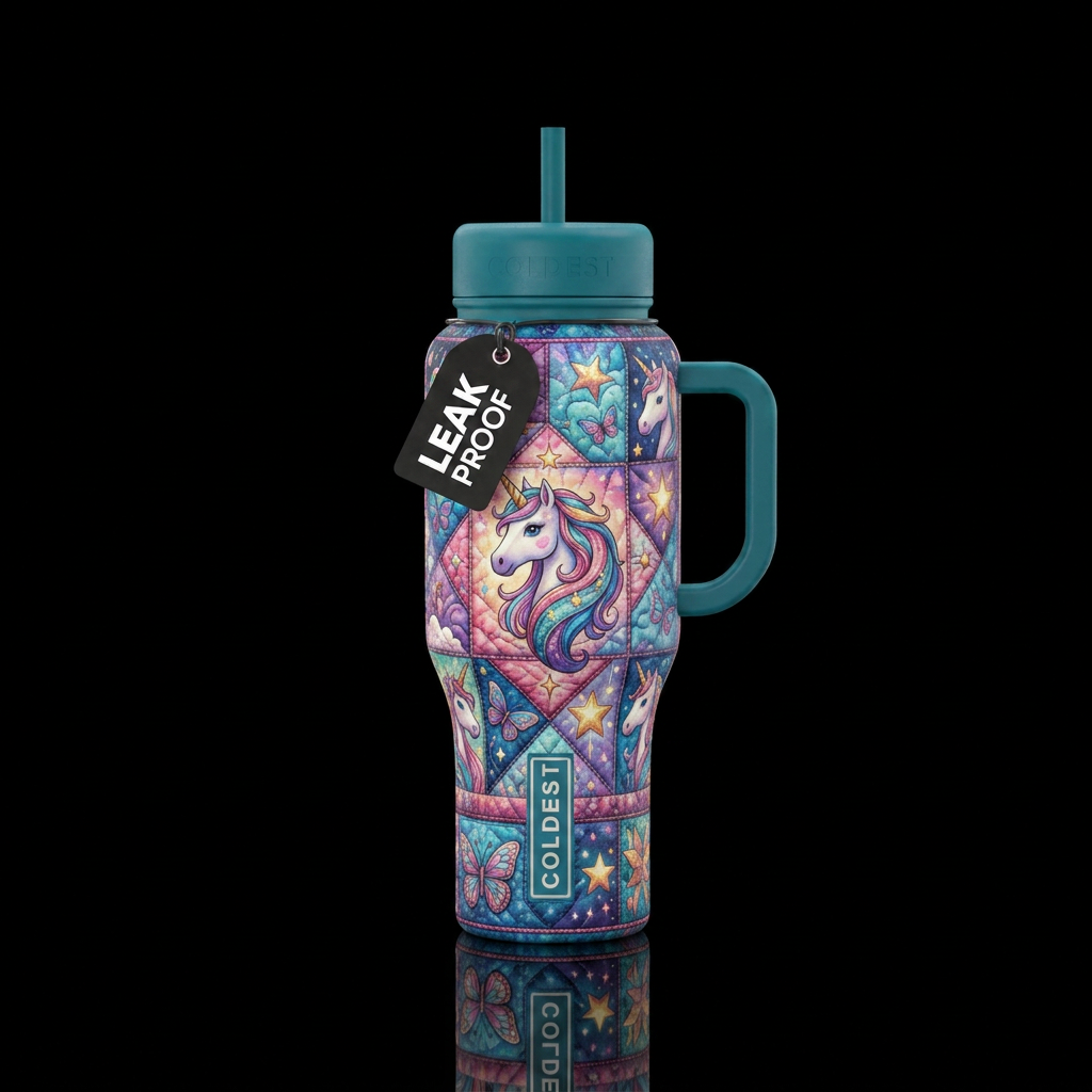 Country style unicorns butterflies and stars quilt... water bottle design