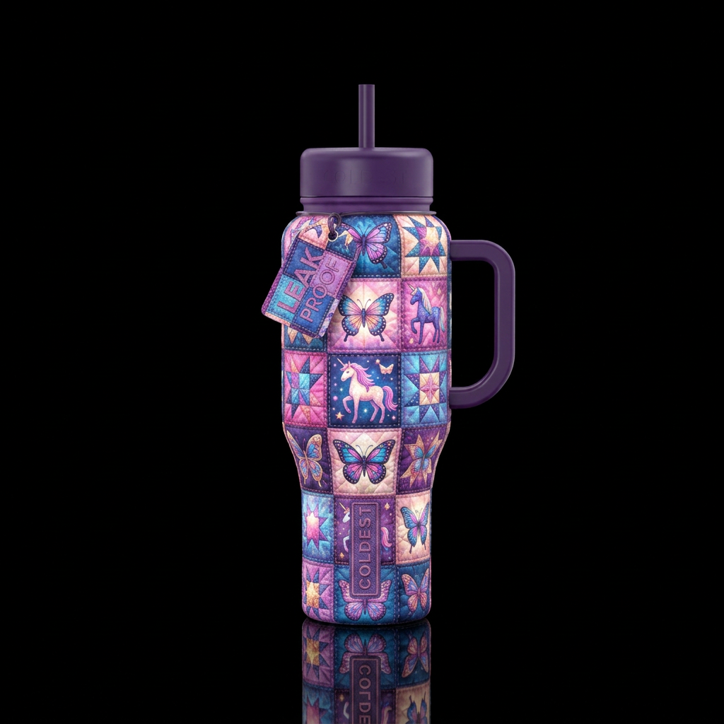 Country style unicorns butterflies and stars quilt... water bottle design